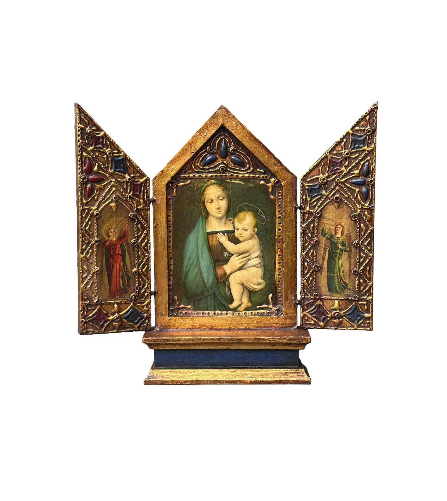 Antique 1930s Italian religious triptych – Virgin and Child in gilded wood, Florentine sacred art for Christian home decor