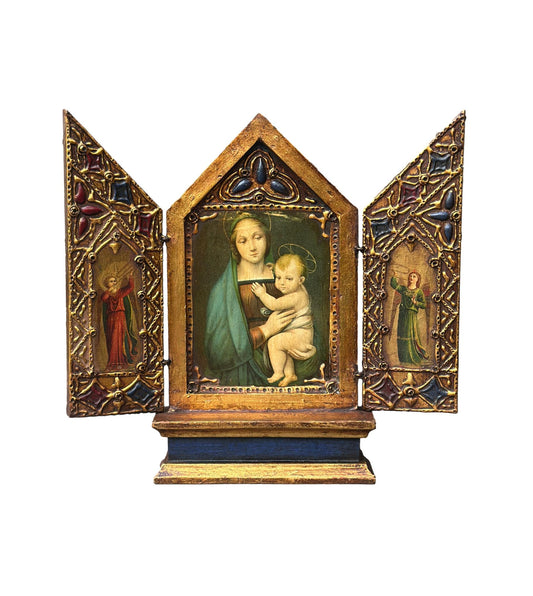 Antique 1930s Italian religious triptych – Virgin and Child in gilded wood, Florentine sacred art for Christian home decor