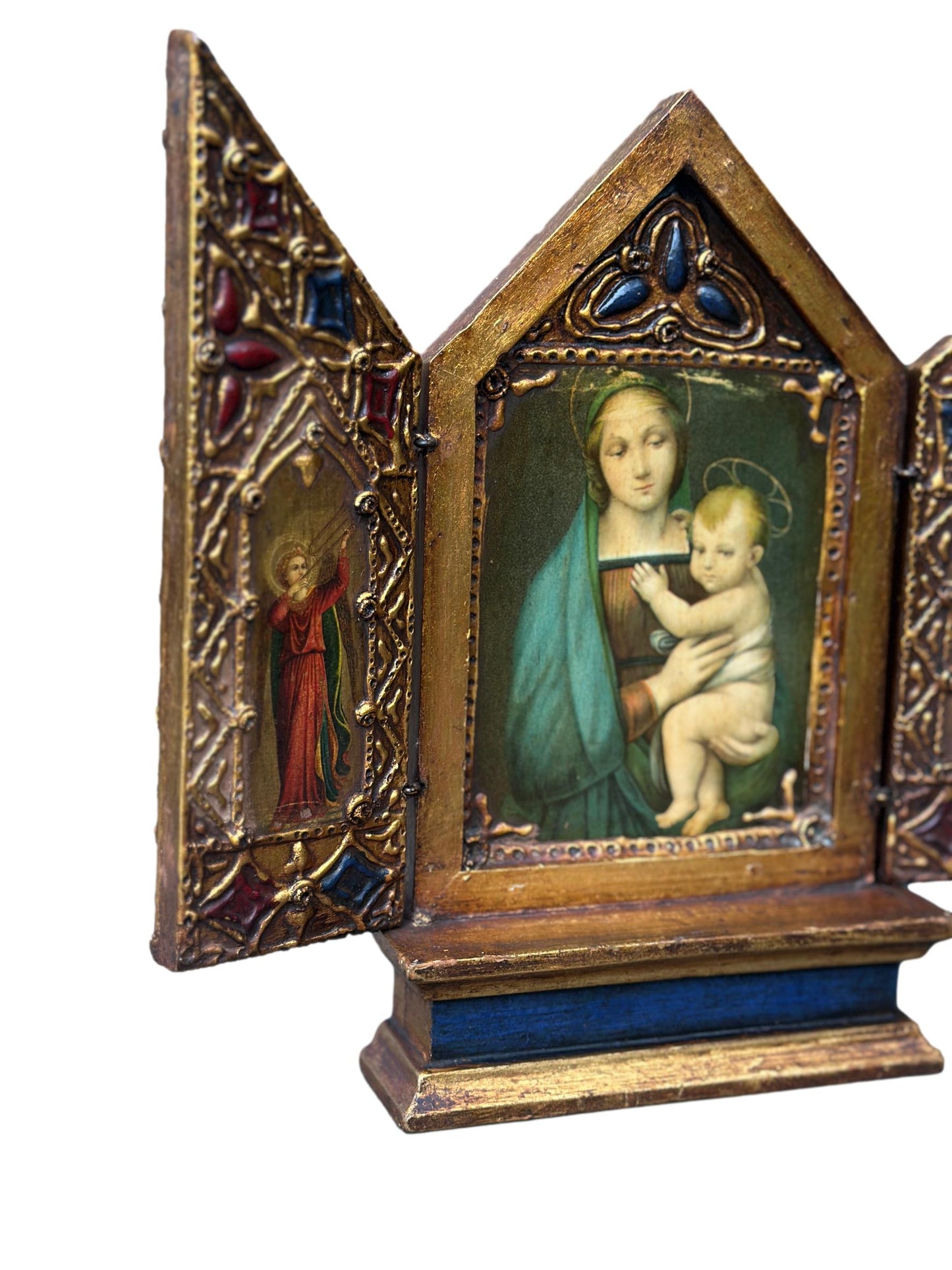 Antique 1930s Italian religious triptych – Virgin and Child in gilded wood, Florentine sacred art for Christian home decor
