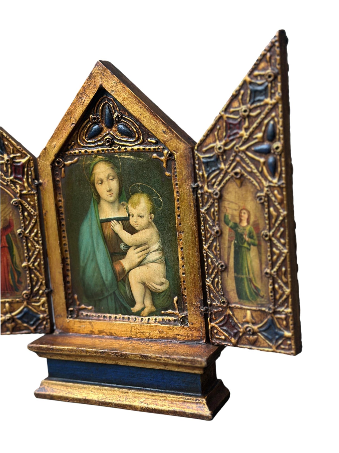Antique Italian Religious Triptych, Virgin and Child, Gilded Wood – 1930s Florentine Sacred Art