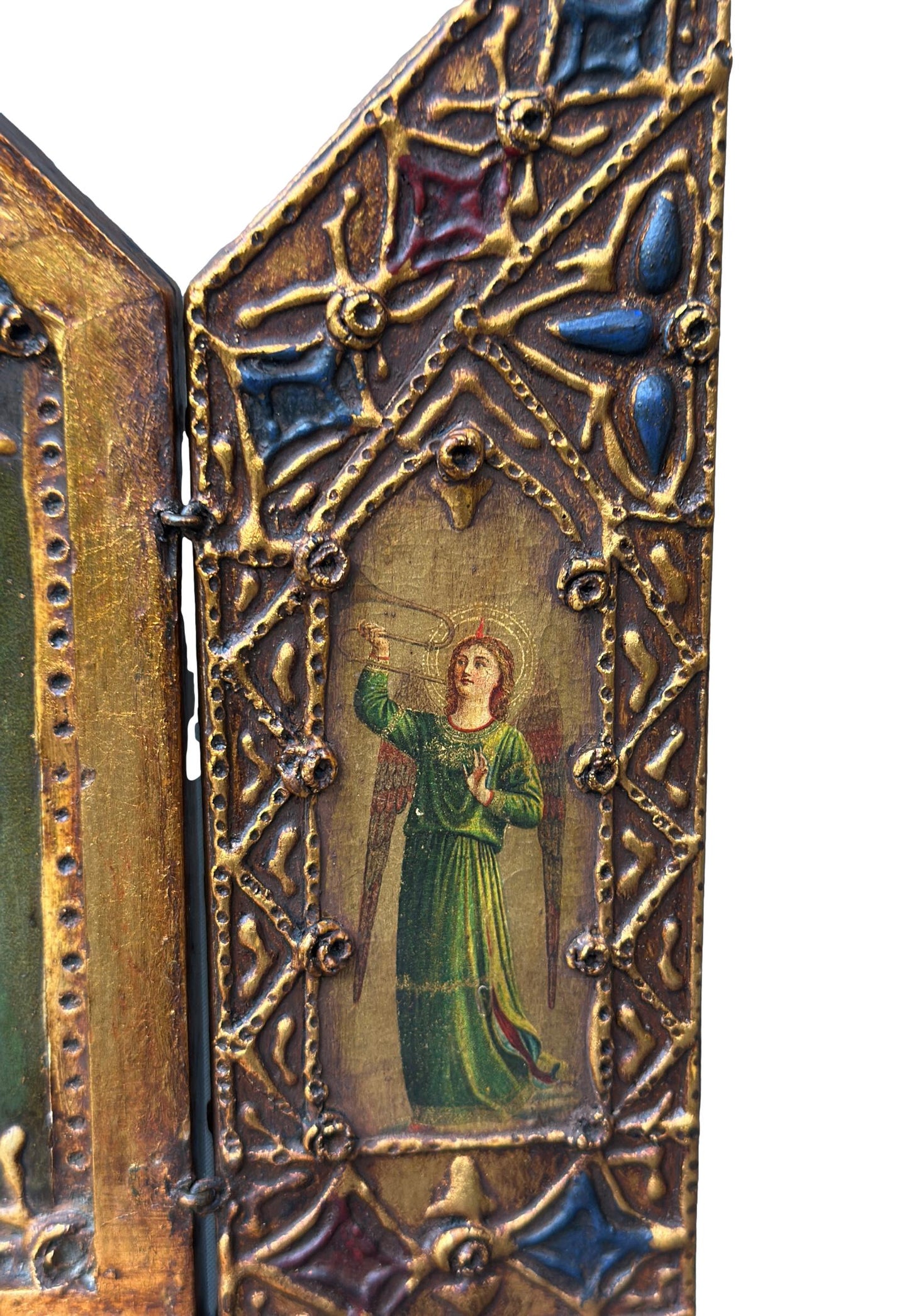 Antique Italian Religious Triptych, Virgin and Child, Gilded Wood – 1930s Florentine Sacred Art