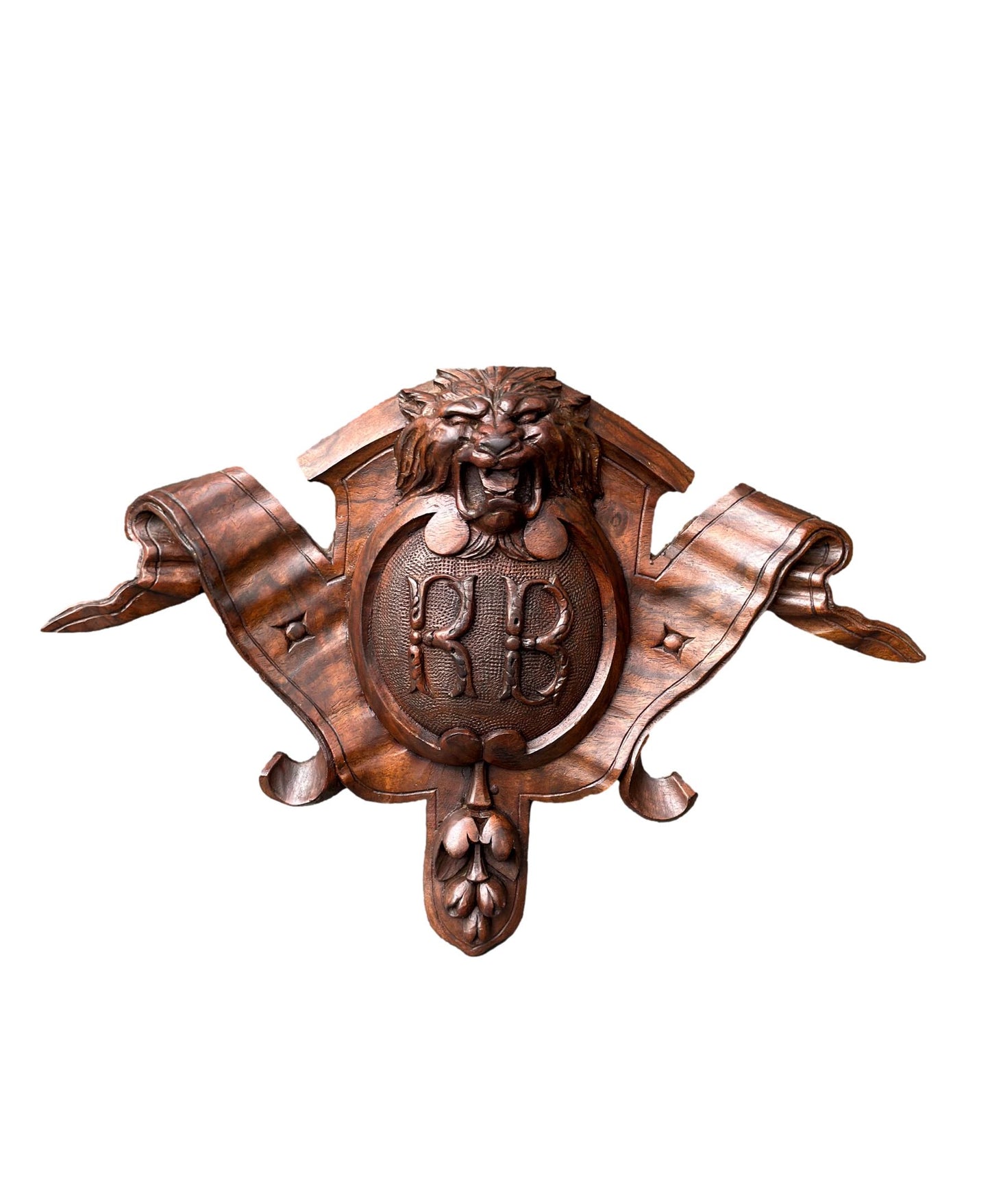 Antique French hand-carved rosewood lion head blason crest – vintage wall art sculpture, historic carved French decor