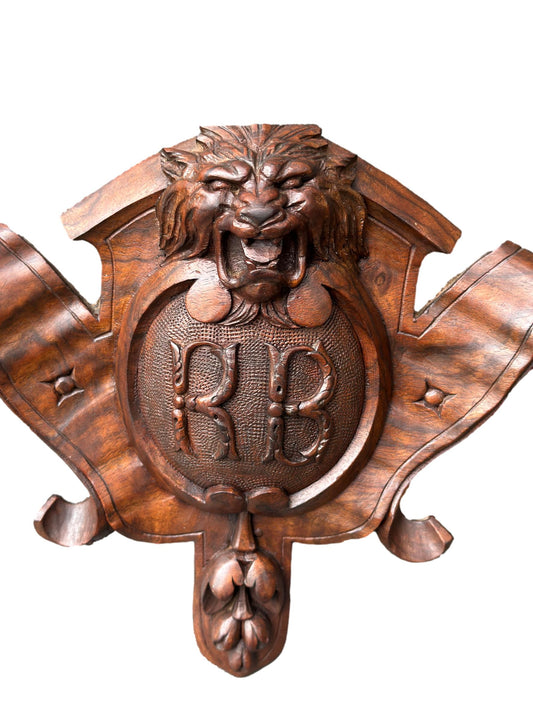 Antique French hand-carved rosewood lion head blason crest – vintage wall art sculpture, historic carved French decor