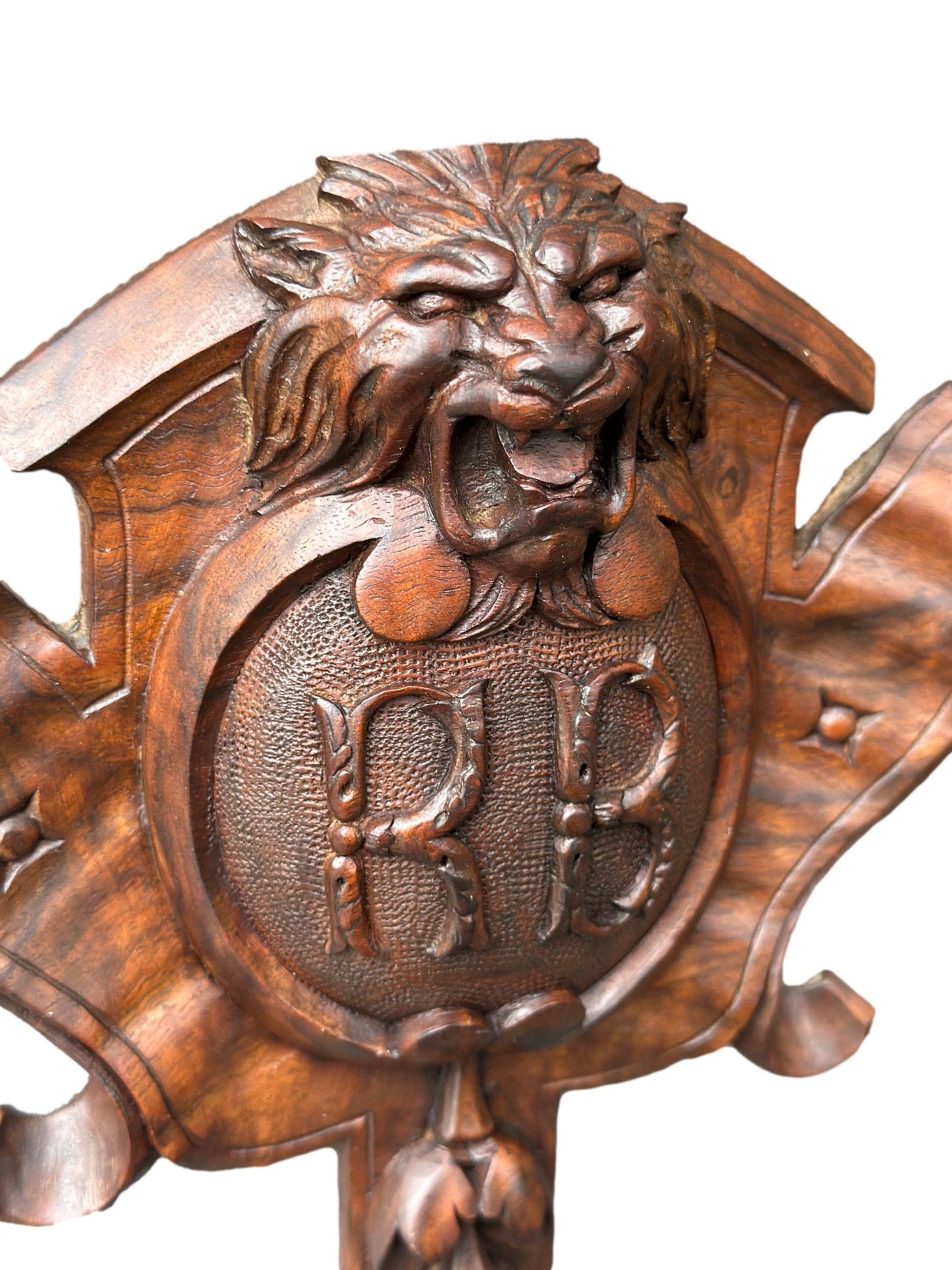 Antique French hand-carved rosewood lion head blason crest – vintage wall art sculpture, historic carved French decor