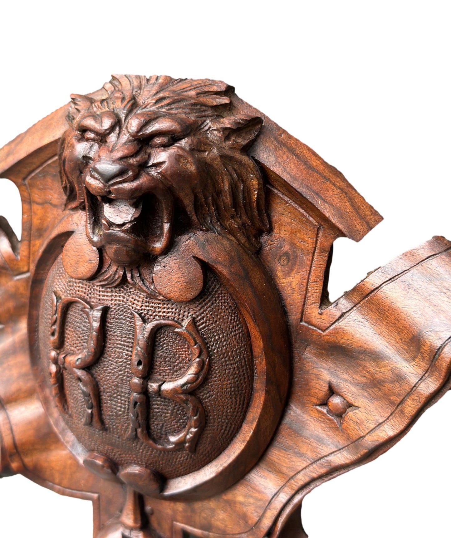 Antique French hand-carved rosewood lion head blason crest – vintage wall art sculpture, historic carved French decor