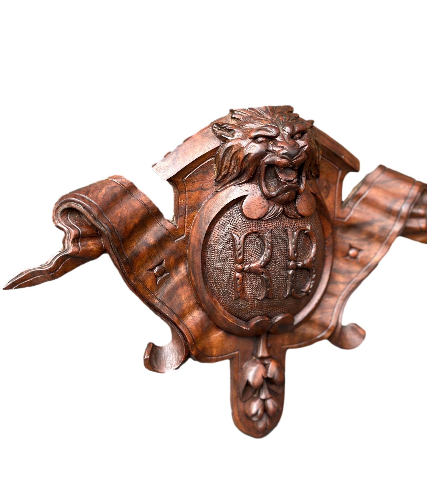 Antique French hand-carved rosewood lion head blason crest – vintage wall art sculpture, historic carved French decor