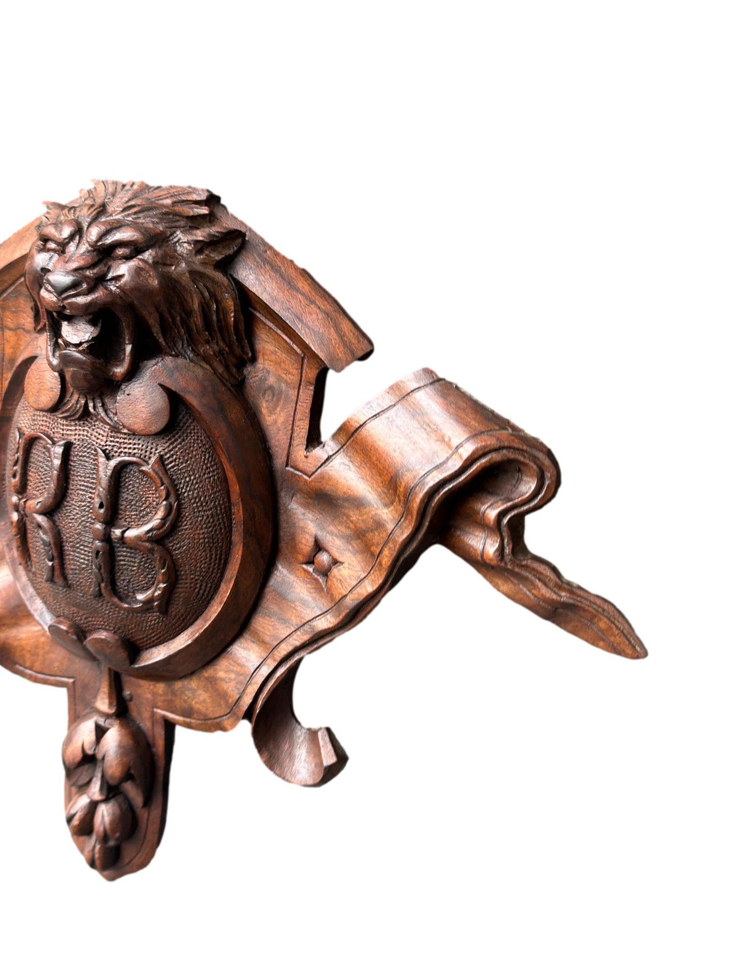 French Antique Hand-Carved Rosewood Lion Head Blason Crest