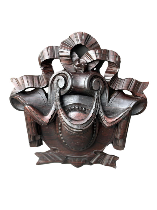 Antique hand-carved Louis XVI style crest – 19th-century rosewood wall plaque, historic French art sculpture for vintage decor
