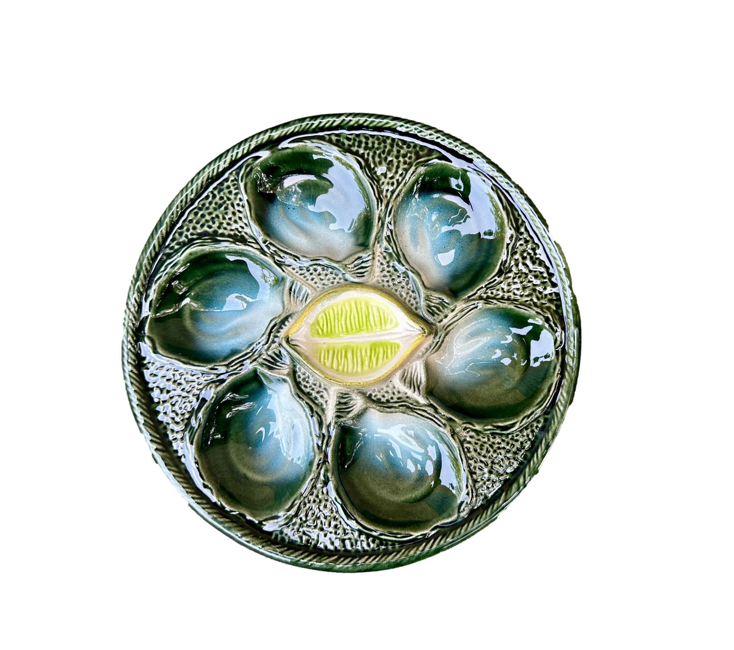 Vintage French Majolica oyster plate by Saint Clément, circa 1930, with six green-blue shell wells and a central lemon design, glazed ceramic faience, Art Deco coastal decor.