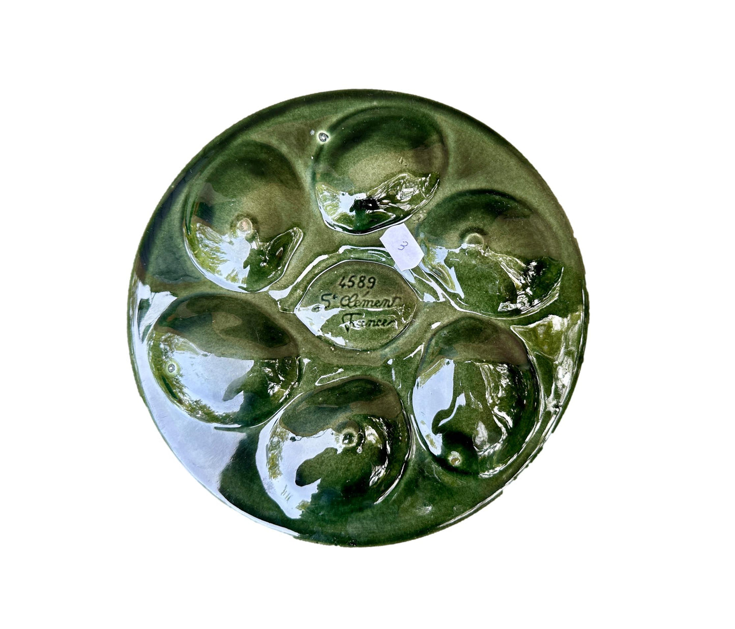 Vintage French Majolica oyster plate by Saint Clément, circa 1930, with six green-blue shell wells and a central lemon design, glazed ceramic faience, Art Deco coastal decor.