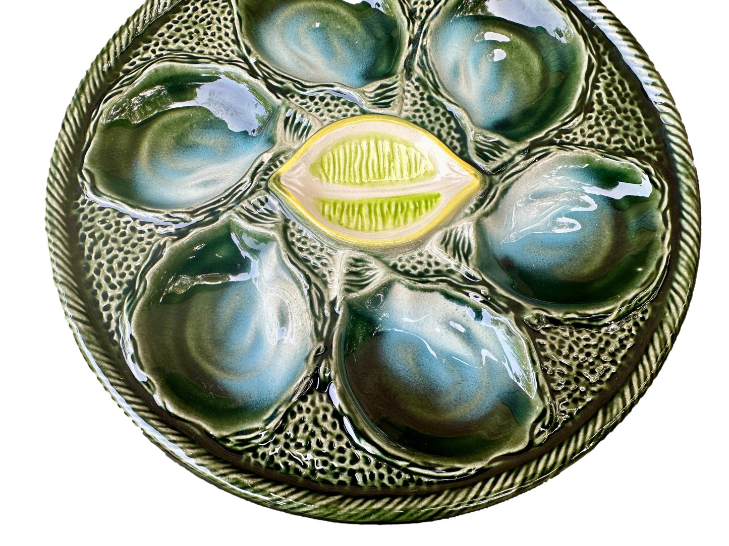 Vintage French Majolica oyster plate by Saint Clément, circa 1930, with six green-blue shell wells and a central lemon design, glazed ceramic faience, Art Deco coastal decor.