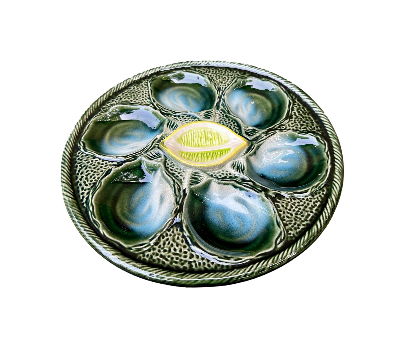 Vintage French Majolica oyster plate by Saint Clément, circa 1930, with six green-blue shell wells and a central lemon design, glazed ceramic faience, Art Deco coastal decor.