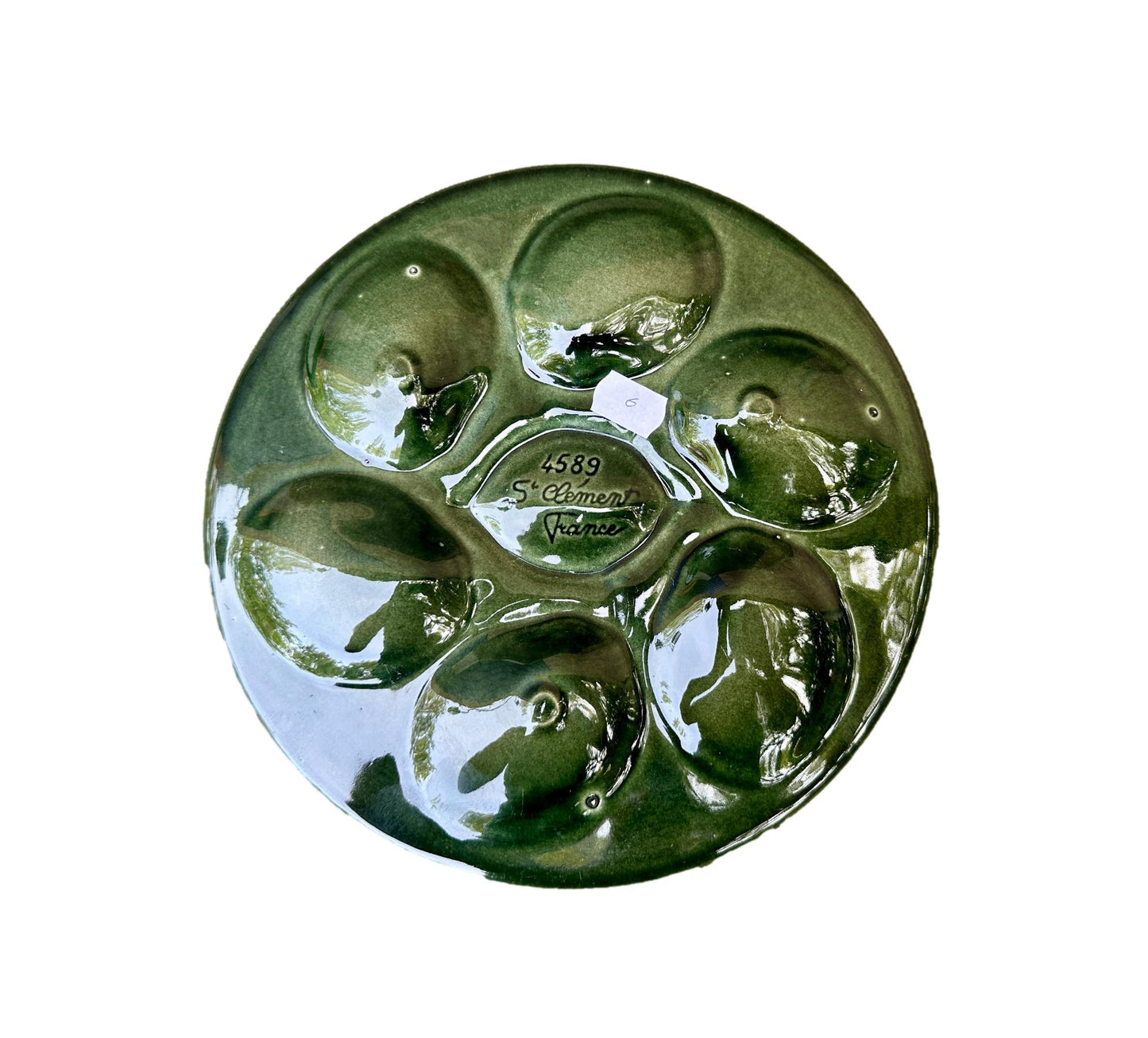 Vintage French Majolica oyster plate by Saint Clément, circa 1930, with six green-blue shell wells and a central lemon design, glazed ceramic faience, Art Deco coastal decor.