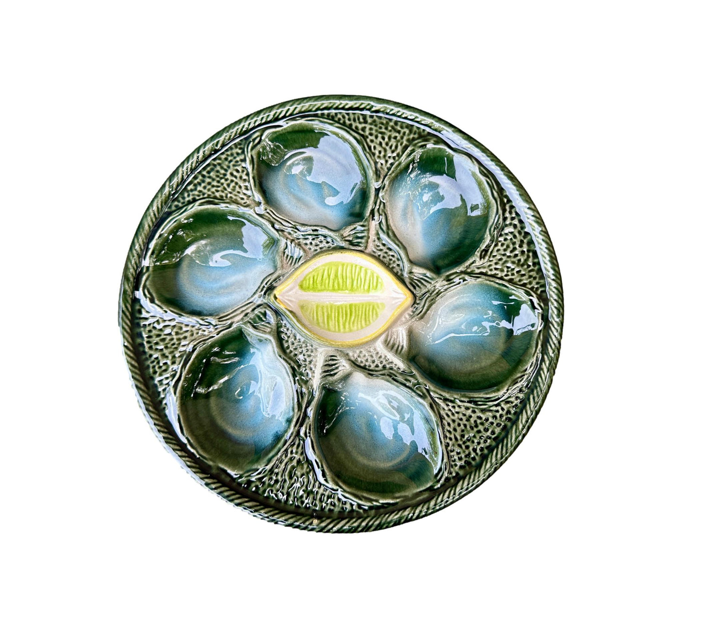 Vintage French Majolica oyster plate by Saint Clément, circa 1930, with six green-blue shell wells and a central lemon design, glazed ceramic faience, Art Deco coastal decor.