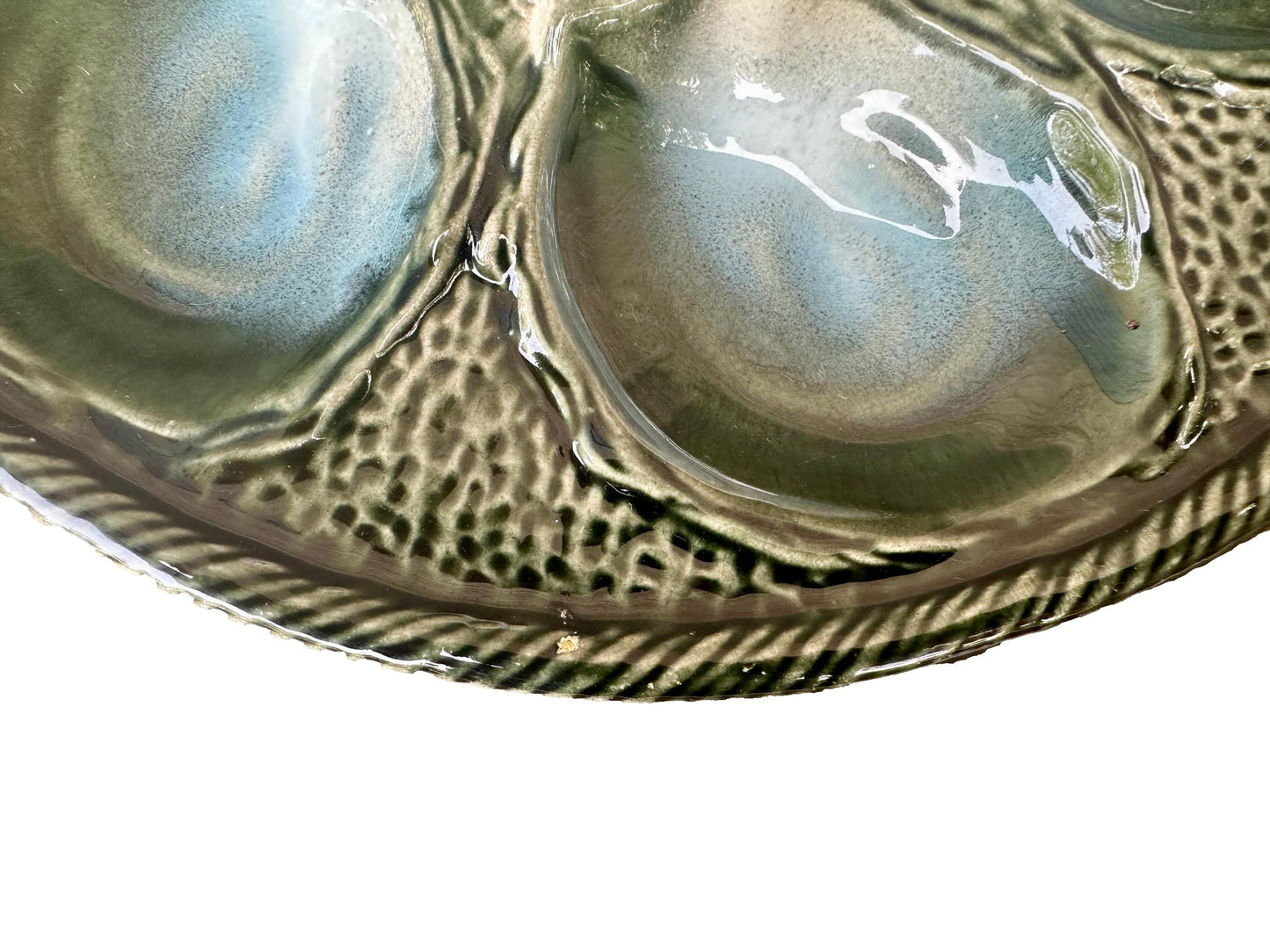 Vintage French Majolica oyster plate by Saint Clément, circa 1930, with six green-blue shell wells and a central lemon design, glazed ceramic faience, Art Deco coastal decor.