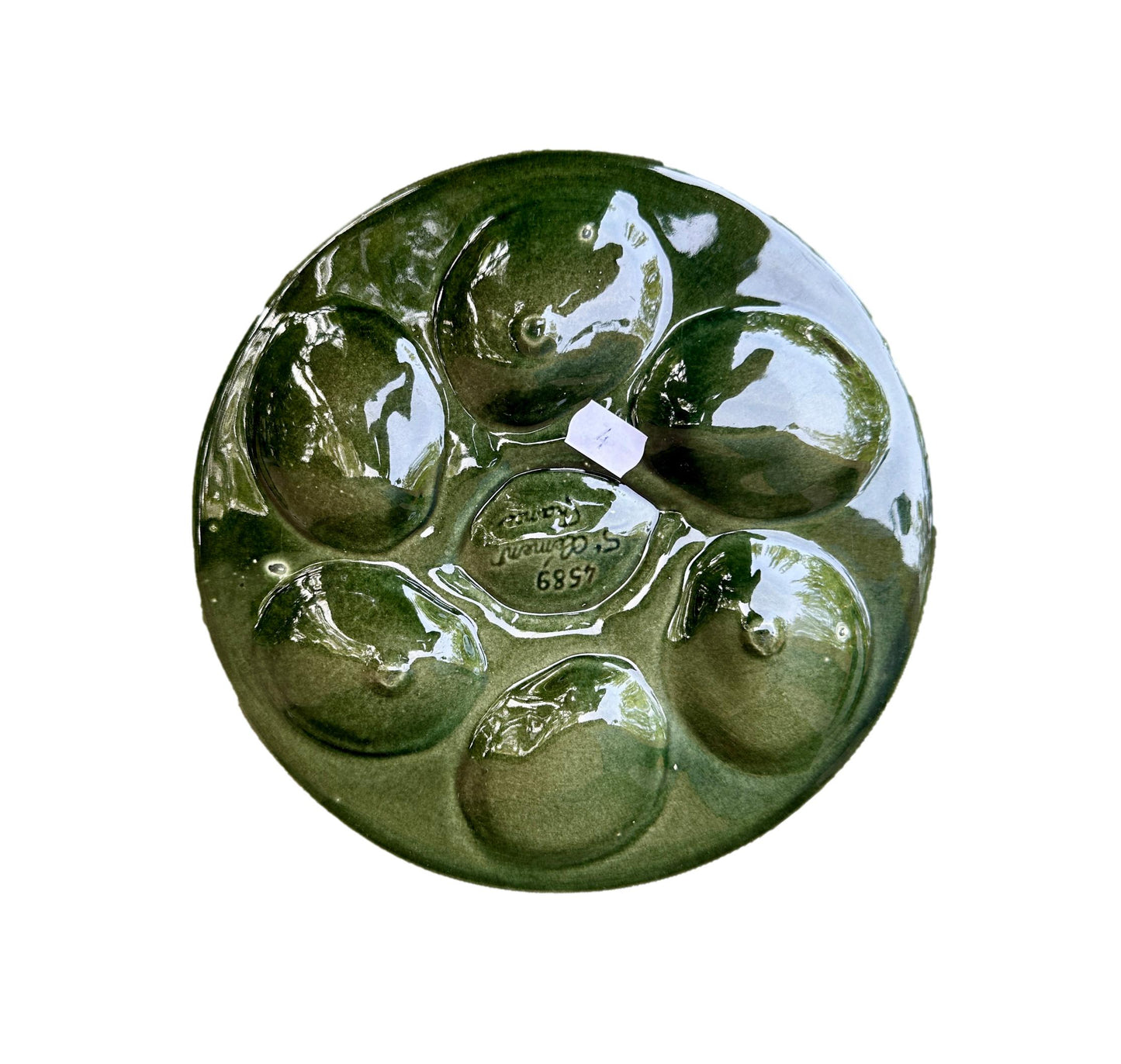 Vintage French Majolica oyster plate by Saint Clément, circa 1930, with six green-blue shell wells and a central lemon design, glazed ceramic faience, Art Deco coastal decor.