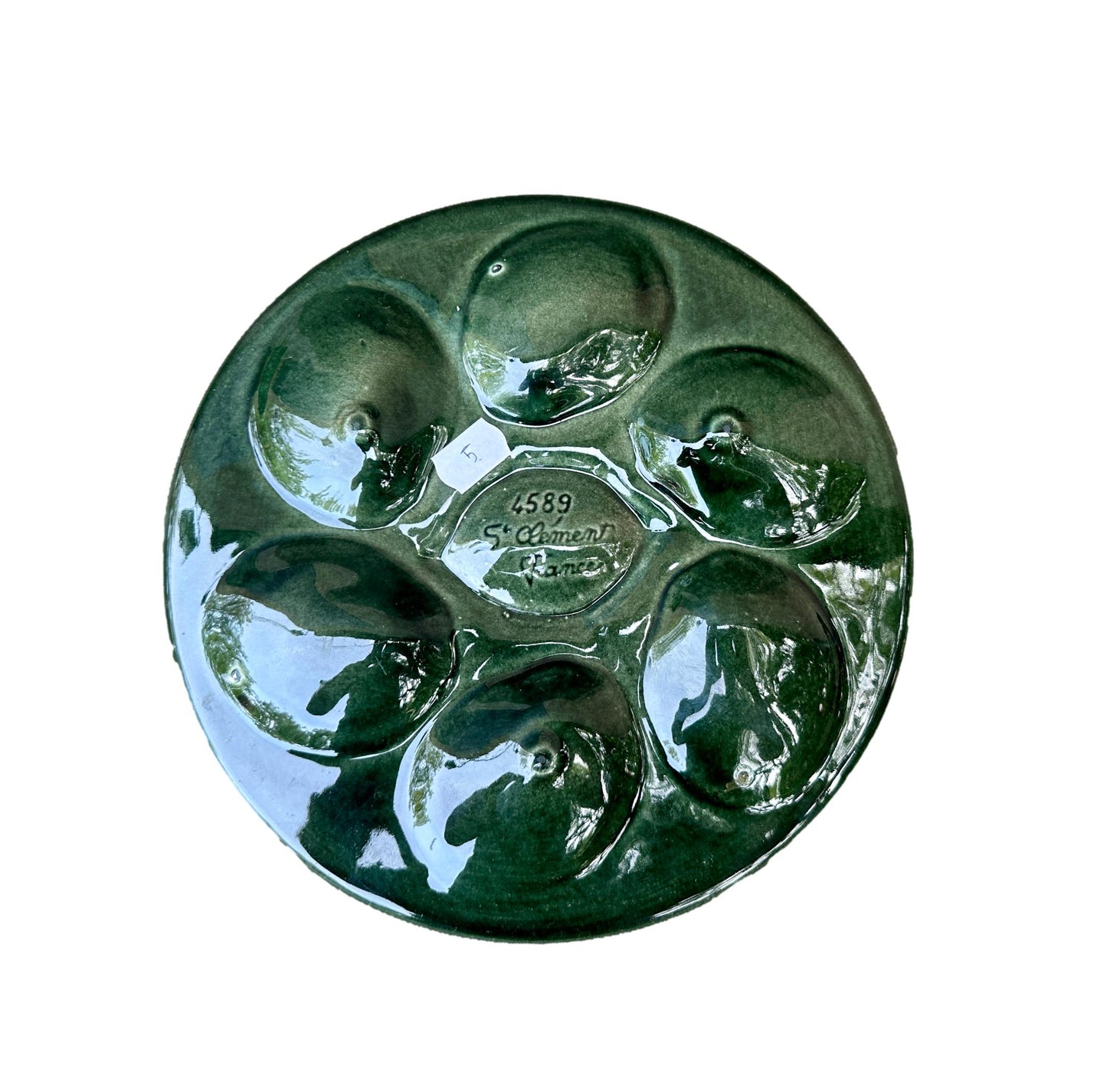 Vintage French Majolica oyster plate by Saint Clément, circa 1930, with six green-blue shell wells and a central lemon design, glazed ceramic faience, Art Deco coastal decor.