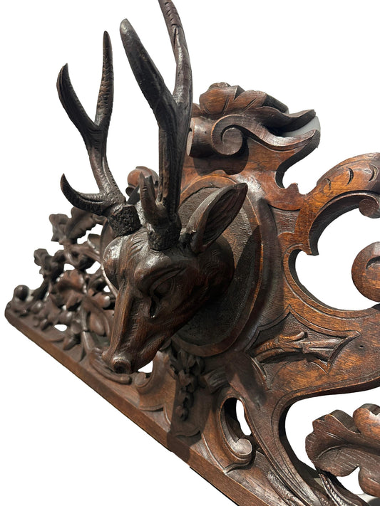 Large 19th C. Carved Oak Pediment | Stag Head Hunting Decor | 42"