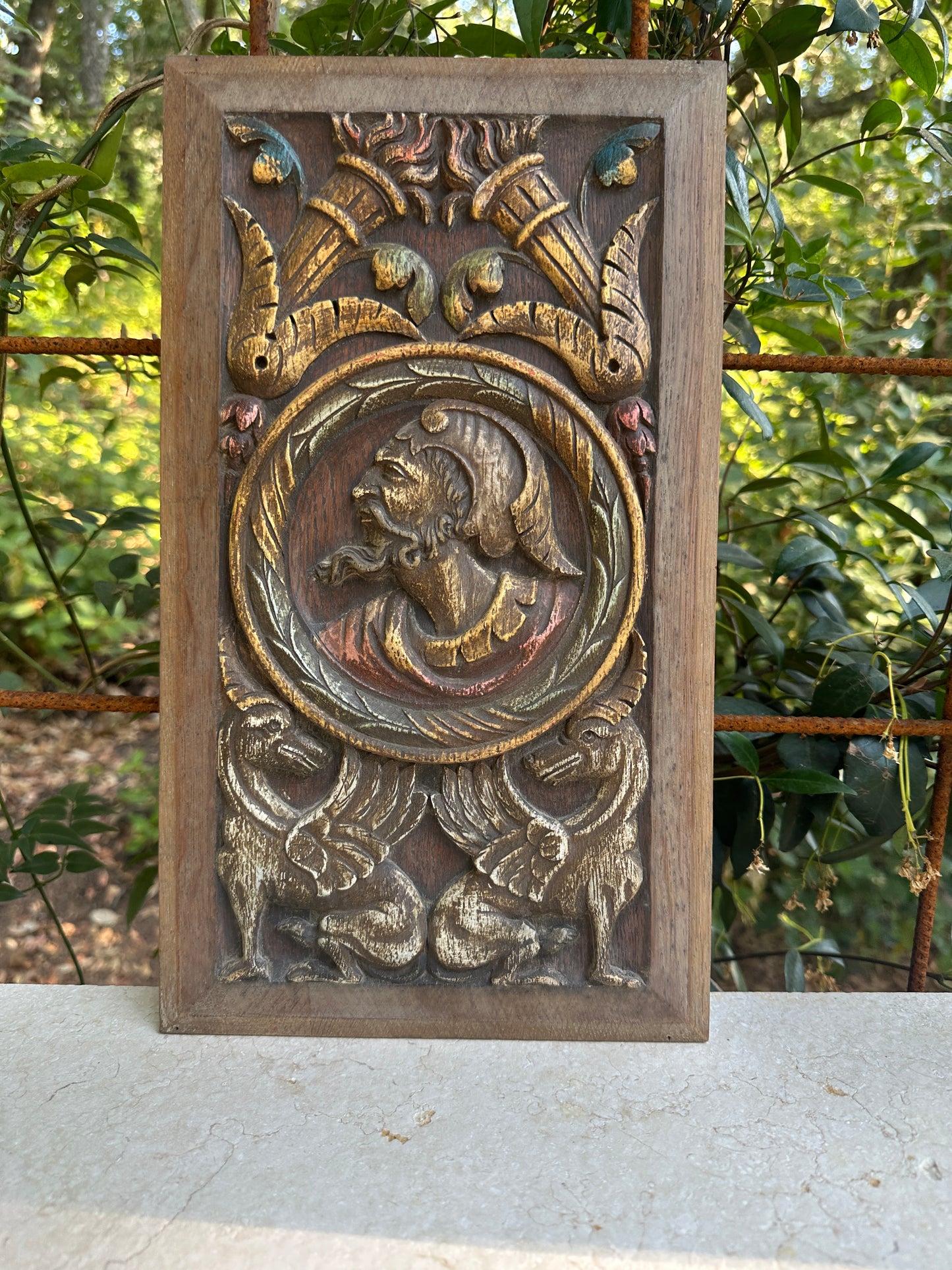 Antique Renaissance Wood Panel, 19thC Hand Carved Wall Art, Polychrome Medallion, Architectural Salvage Decor
