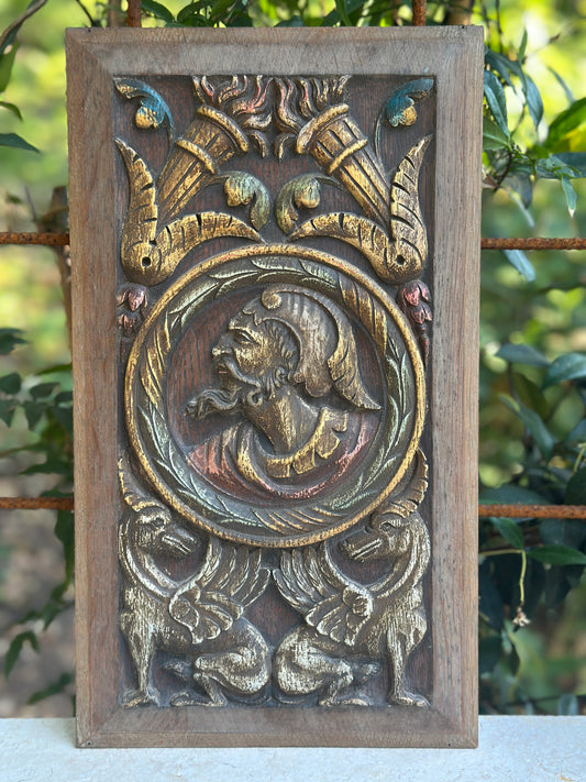 Antique Renaissance Wood Panel, 19thC Hand Carved Wall Art, Polychrome Medallion, Architectural Salvage Decor