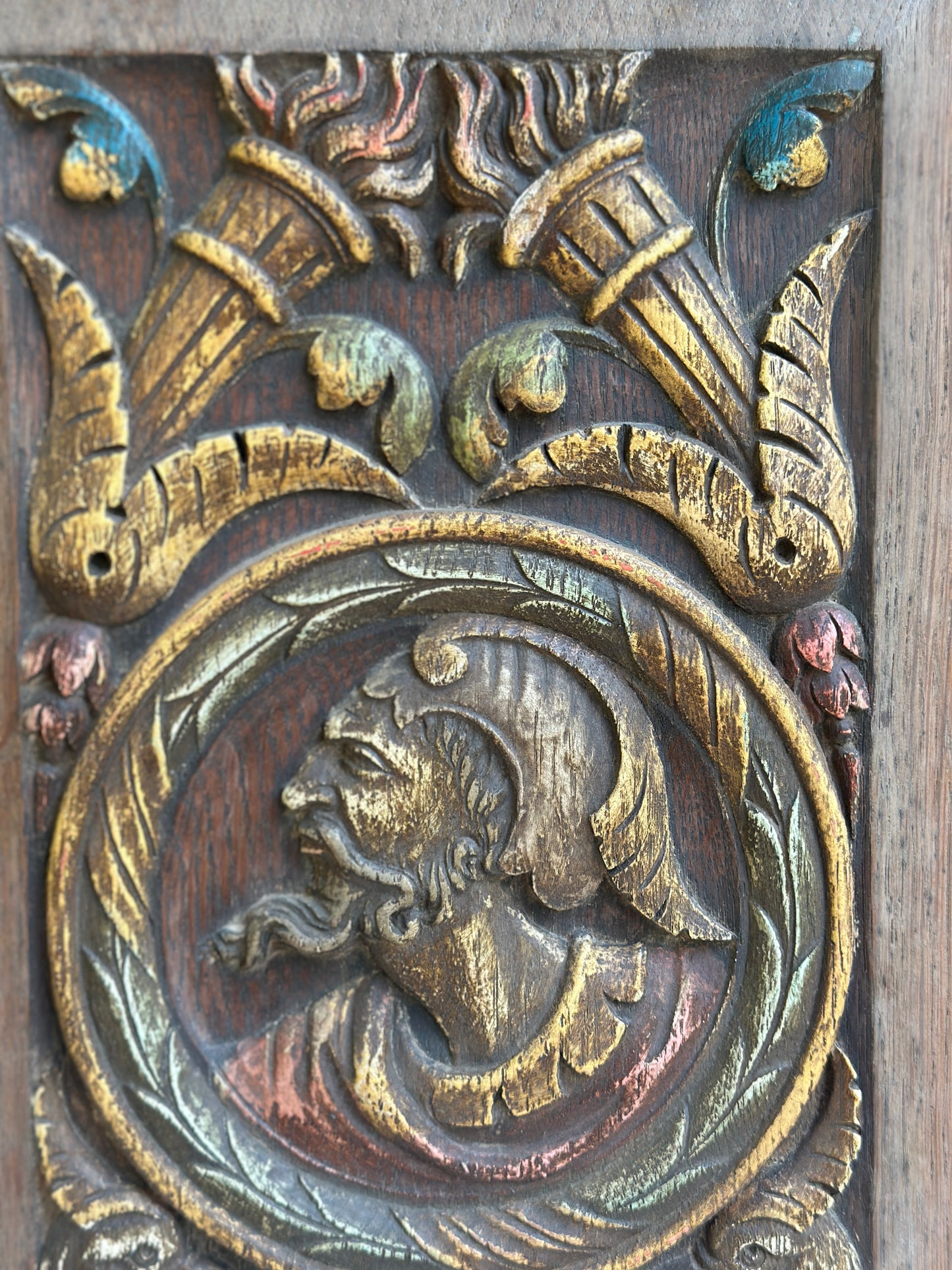 Antique Renaissance Wood Panel, 19thC Hand Carved Wall Art, Polychrome Medallion, Architectural Salvage Decor