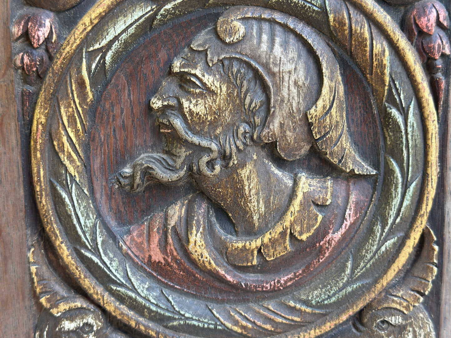 Antique Renaissance Wood Panel, 19thC Hand Carved Wall Art, Polychrome Medallion, Architectural Salvage Decor