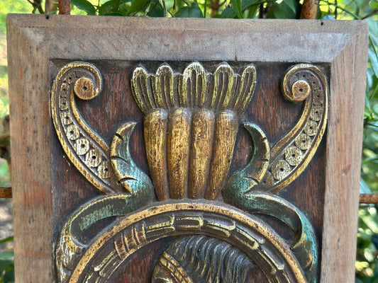 Antique Renaissance Wood Panel, 19thC Hand Carved Wall Art, Polychrome Medallion, Architectural Salvage Decor
