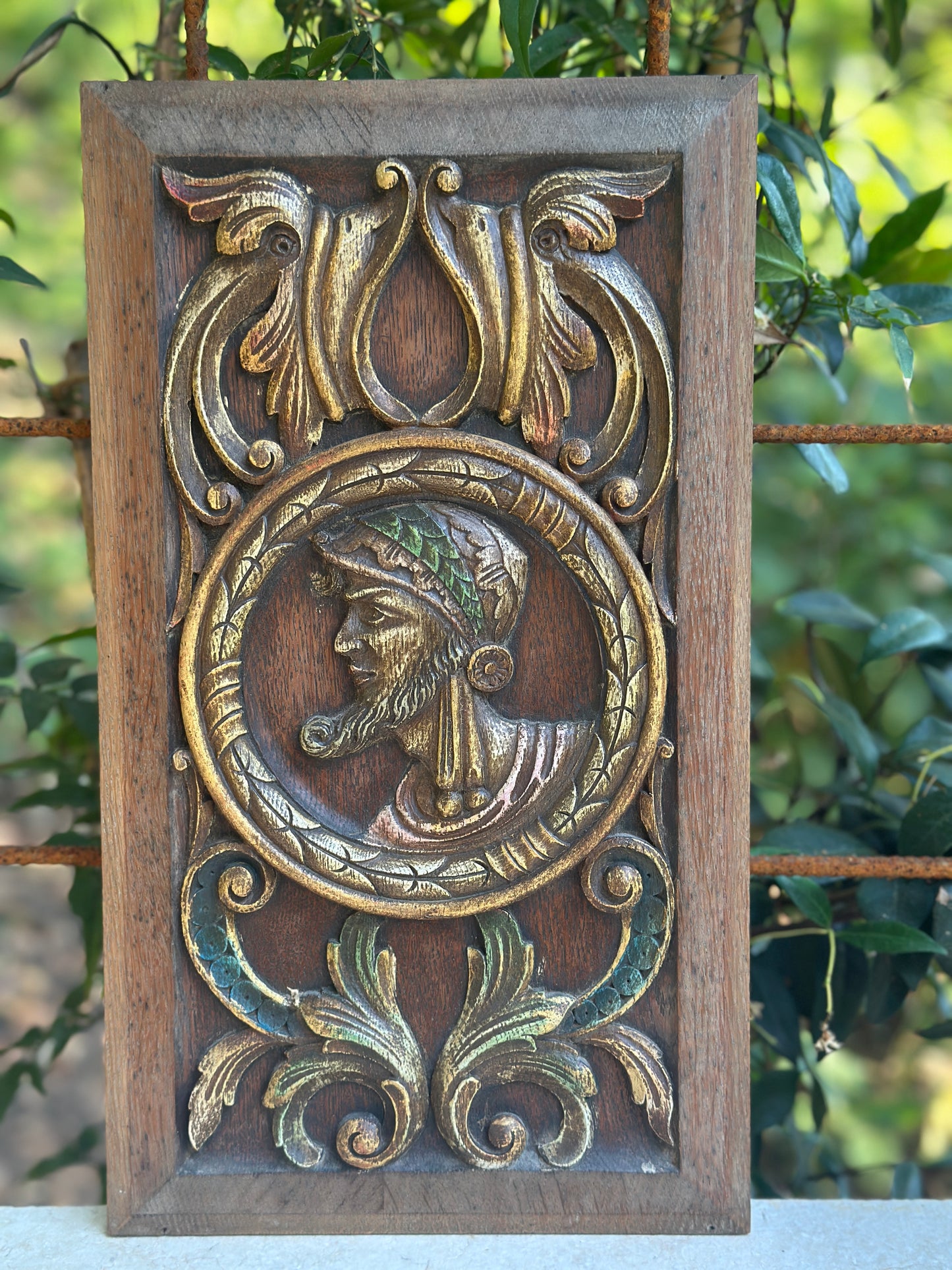 Antique Renaissance Wood Panel, 19thC Hand Carved Wall Art, Polychrome Medallion, Architectural Salvage Decor
