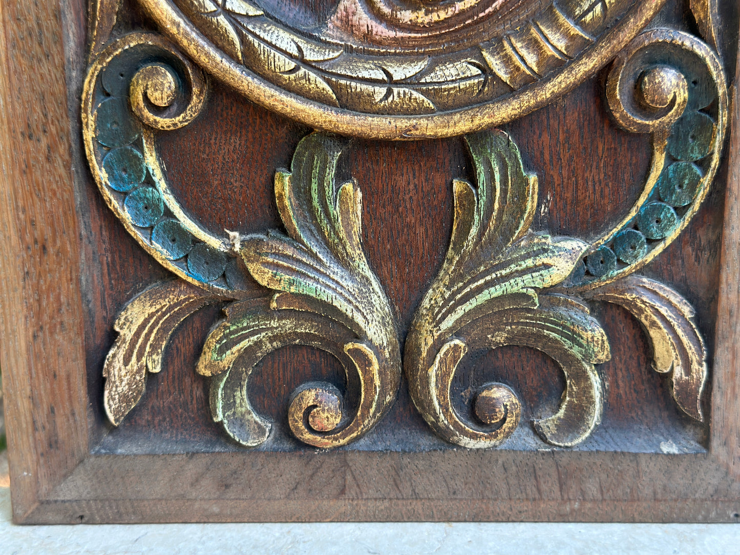 Antique Renaissance Wood Panel, 19thC Hand Carved Wall Art, Polychrome Medallion, Architectural Salvage Decor