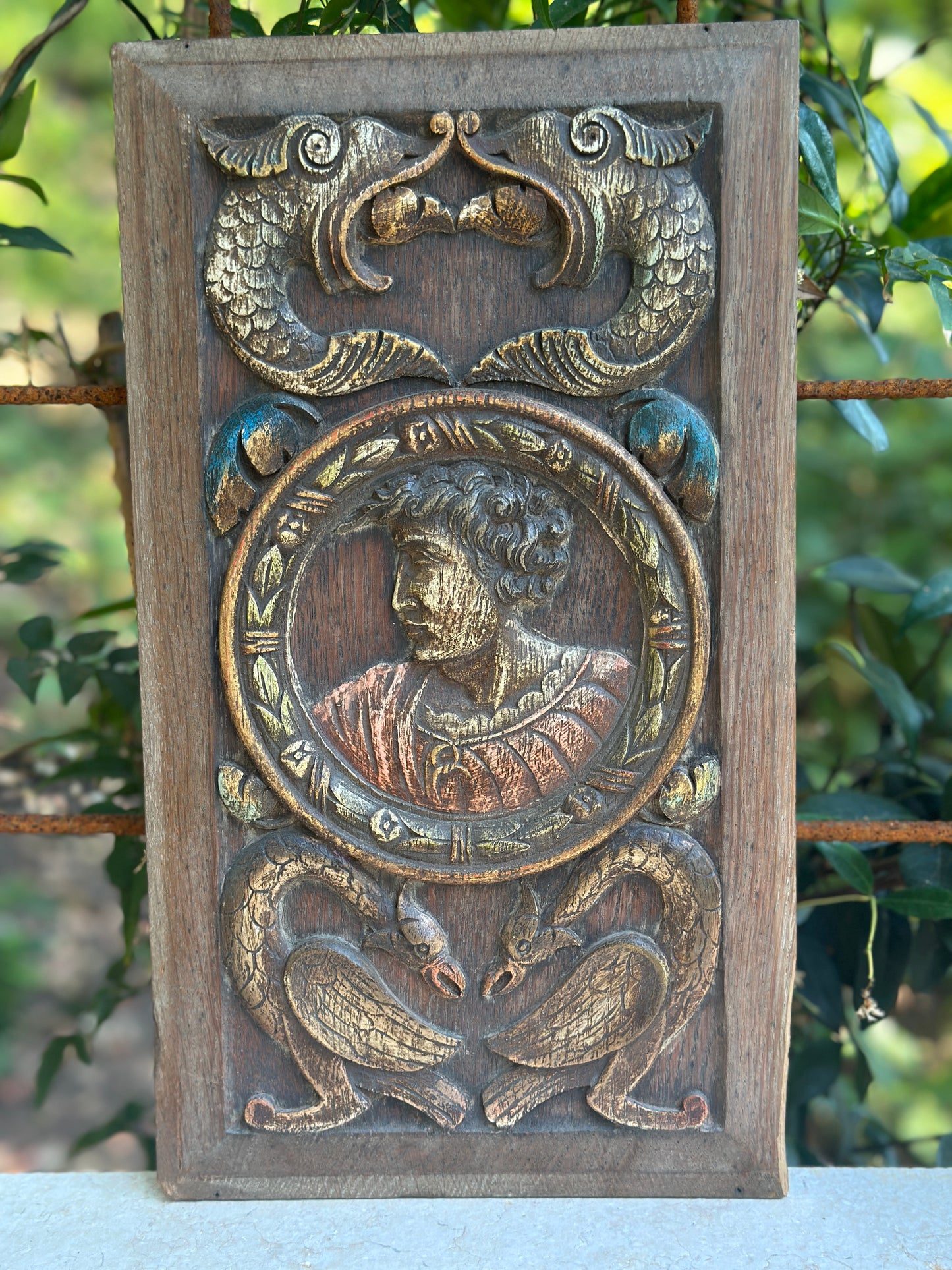 Antique Renaissance Wood Panel, 19thC Hand Carved Wall Art, Polychrome Medallion, Architectural Salvage Decor
