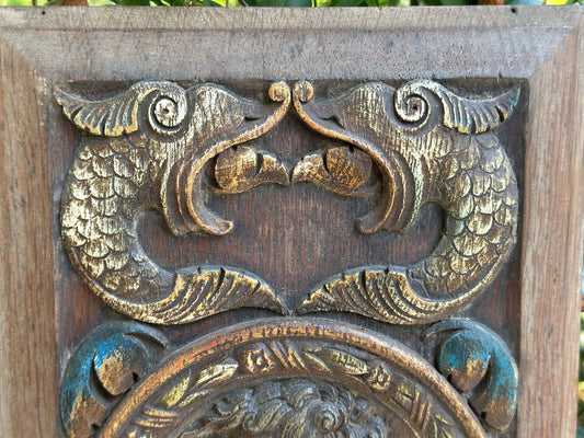 Antique Renaissance Wood Panel, 19thC Hand Carved Wall Art, Polychrome Medallion, Architectural Salvage Decor
