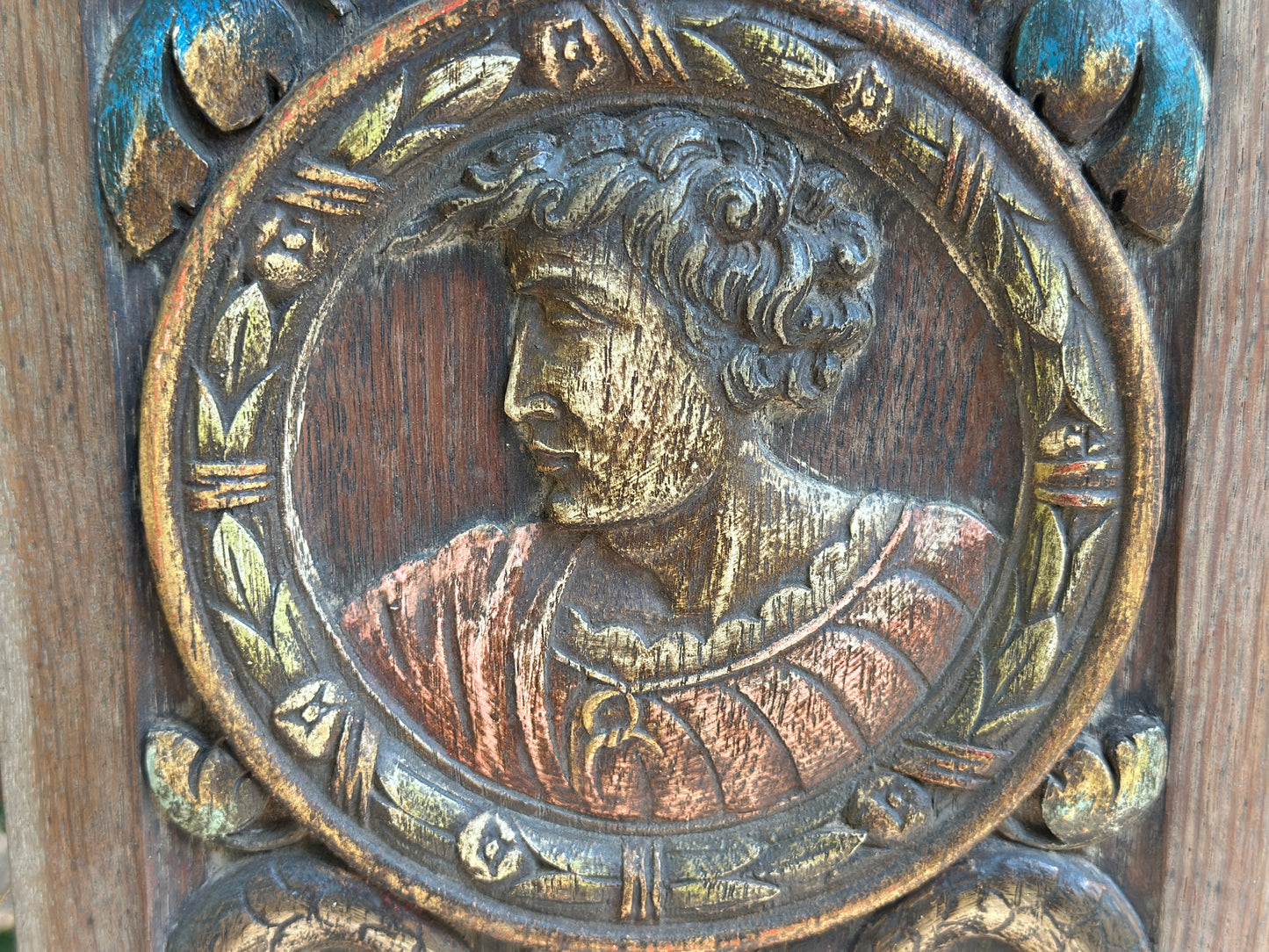 Antique Renaissance Wood Panel, 19thC Hand Carved Wall Art, Polychrome Medallion, Architectural Salvage Decor