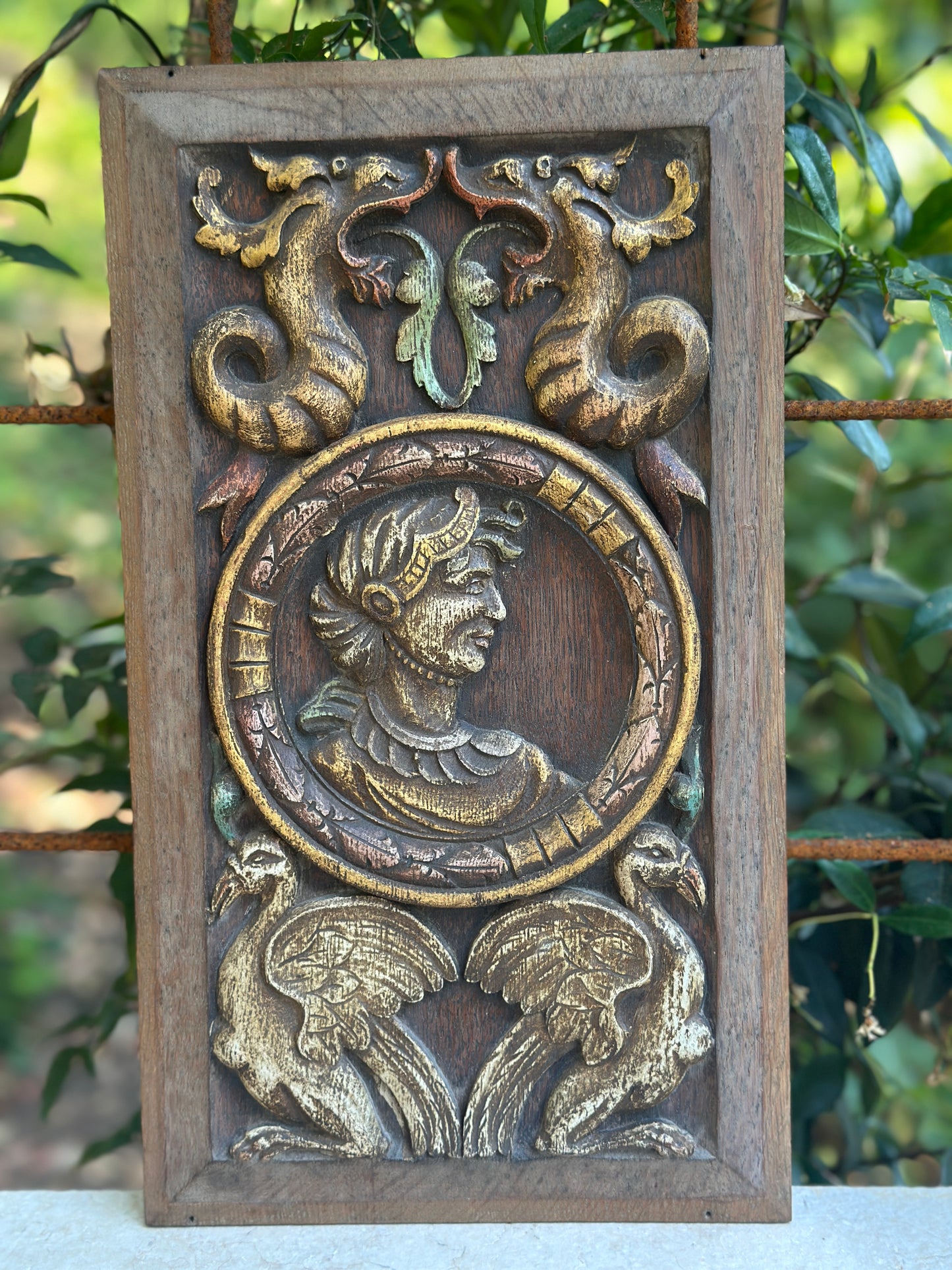 Antique Renaissance Wood Panel, 19thC Hand Carved Wall Art, Polychrome Medallion, Architectural Salvage Decor