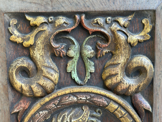 Antique Renaissance Wood Panel, 19thC Hand Carved Wall Art, Polychrome Medallion, Architectural Salvage Decor