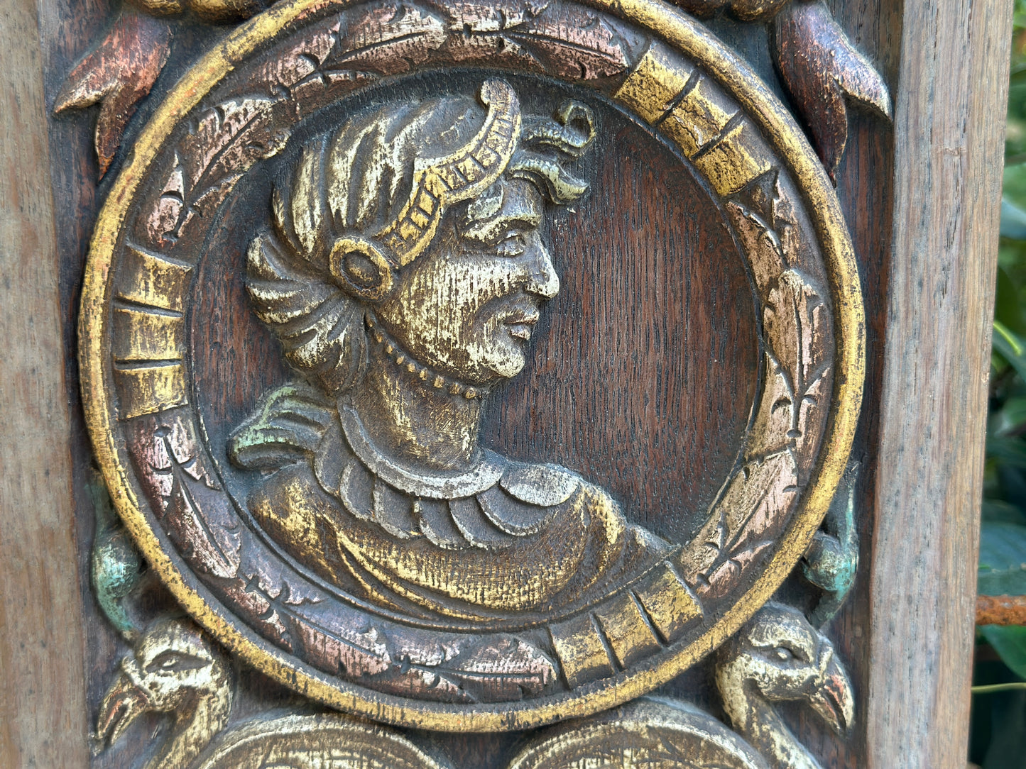 Antique Renaissance Wood Panel, 19thC Hand Carved Wall Art, Polychrome Medallion, Architectural Salvage Decor