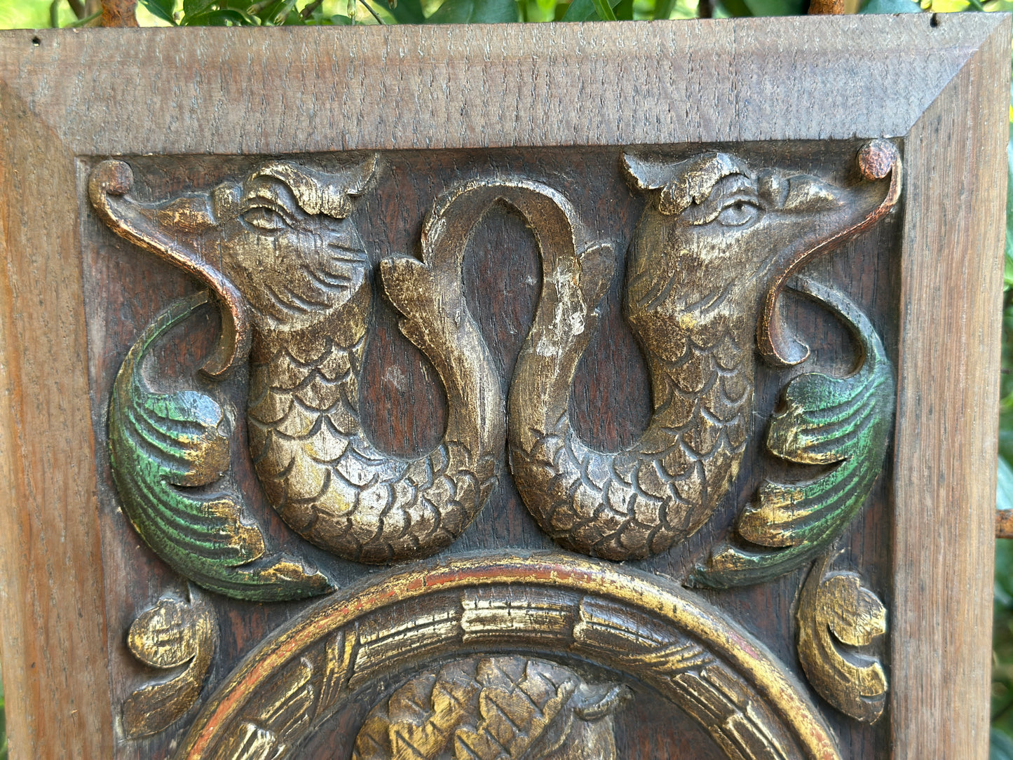 Antique Renaissance Wood Panel, 19thC Hand Carved Wall Art, Polychrome Medallion, Architectural Salvage Decor