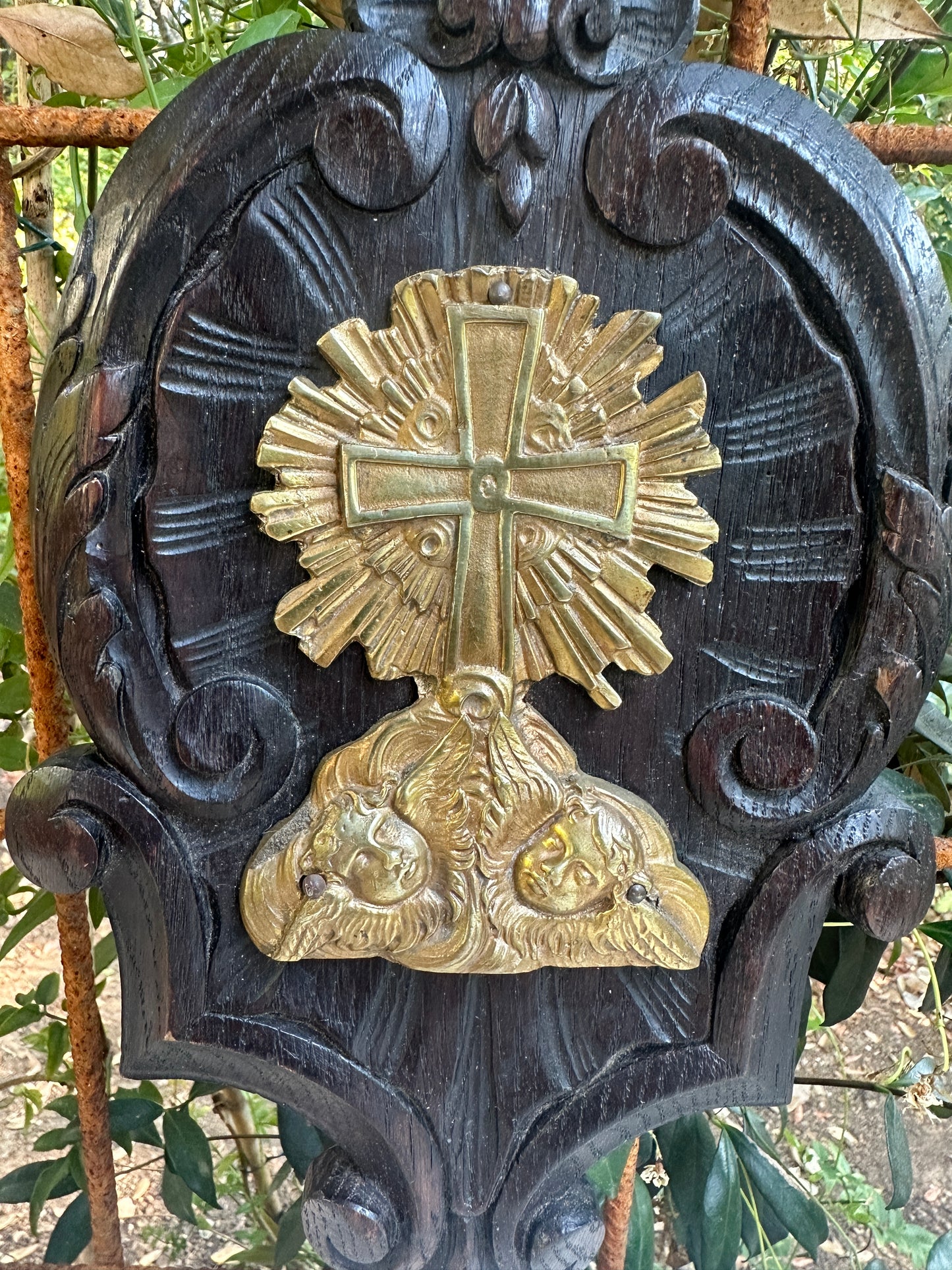 Antique French Wall religious plaque, Carved oak & gilt bronze cross with cherubs, Rococo devotional wall decor, 19th