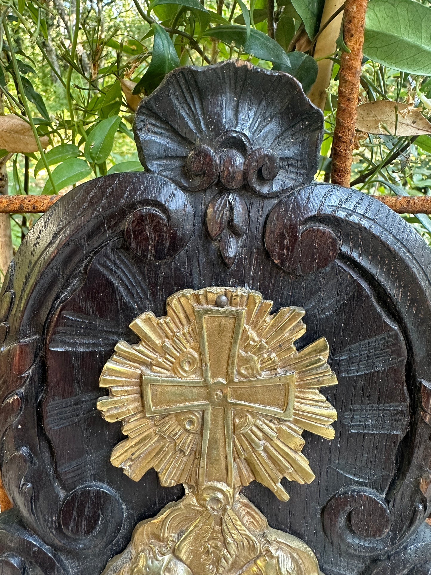 Antique French Wall religious plaque, Carved oak & gilt bronze cross with cherubs, Rococo devotional wall decor, 19th