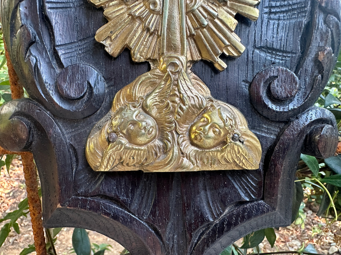 Antique French Wall religious plaque, Carved oak & gilt bronze cross with cherubs, Rococo devotional wall decor, 19th