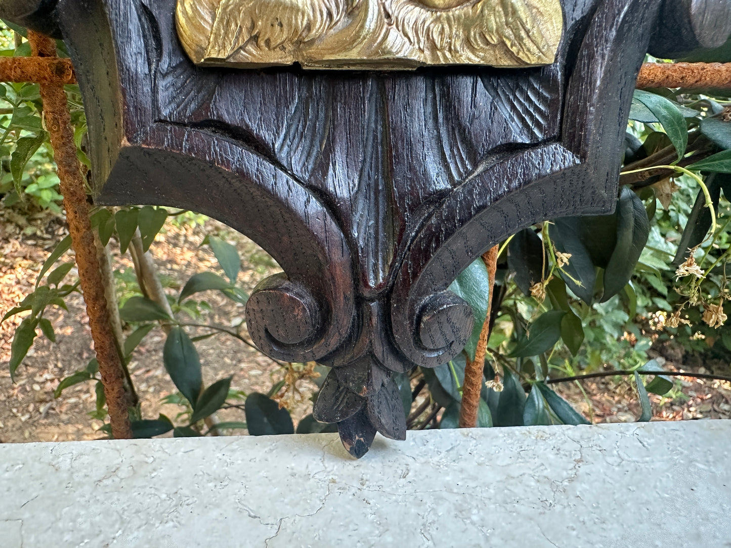 Antique French Wall religious plaque, Carved oak & gilt bronze cross with cherubs, Rococo devotional wall decor, 19th