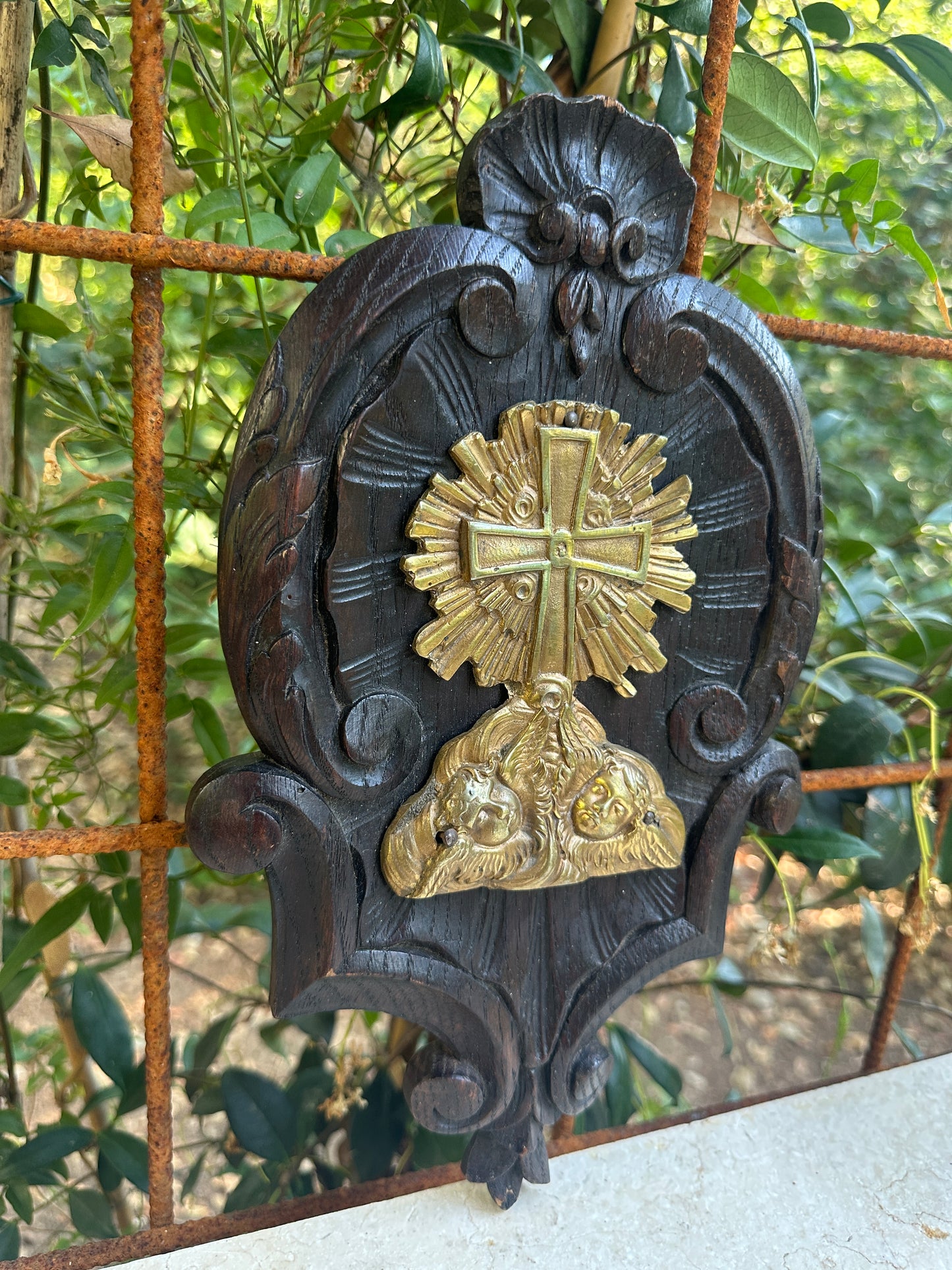 Antique French Wall religious plaque, Carved oak & gilt bronze cross with cherubs, Rococo devotional wall decor, 19th