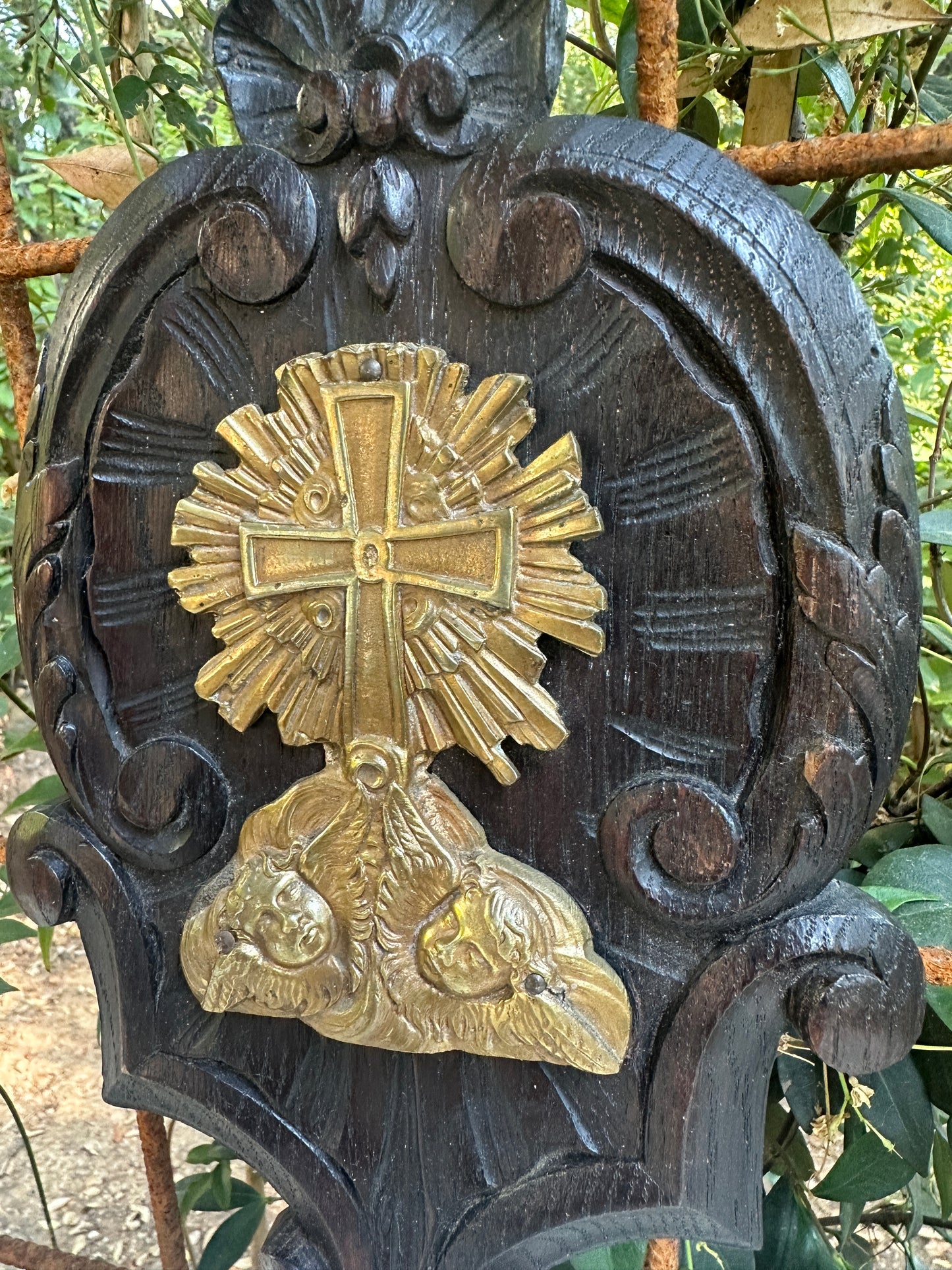 Antique French Wall religious plaque, Carved oak & gilt bronze cross with cherubs, Rococo devotional wall decor, 19th