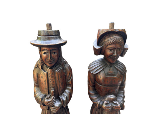 Pair of Hand-Carved Wood Breton Statues – French Folk Art, Circa 1930