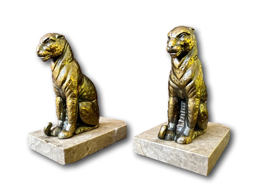 JAMAR Art Deco Pair of Panther Bookends on Marble