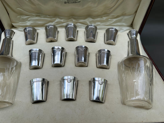 French Liqueur service decanter silver glass crystal