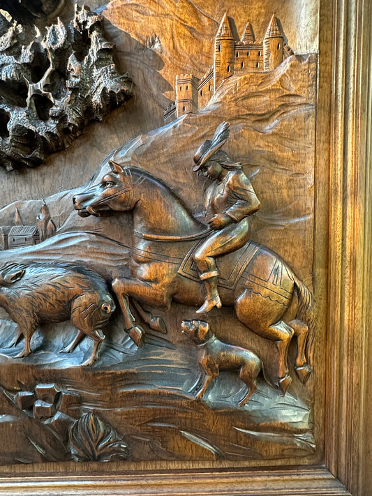 19th Century French Carved Walnut Door – Hunting Scene with Horse and Dogs