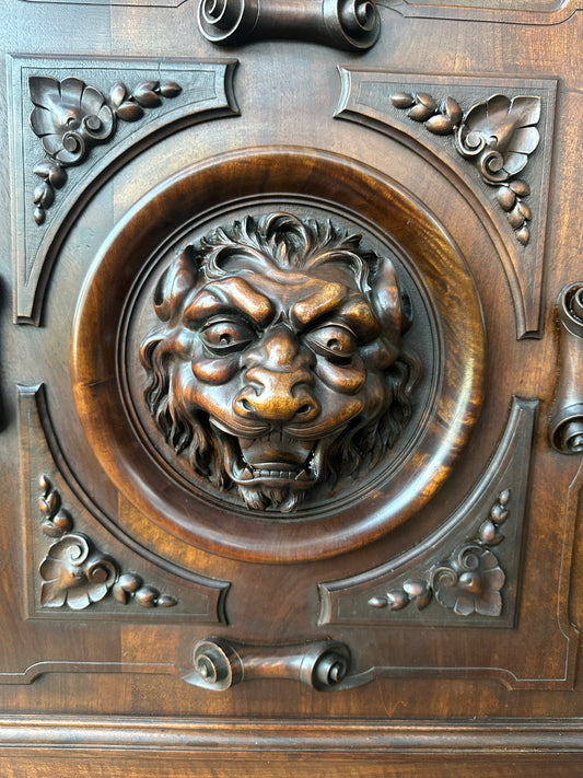 Architectural Lion Hand Carved Walnut Oak Wood