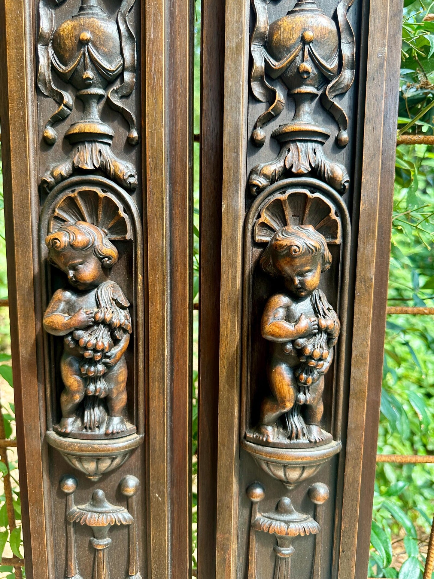French Pair of Hand-Carved Renaissance Style Wooden Columns, Architectural Salvage, Neo-Renaissance Furniture 1940s