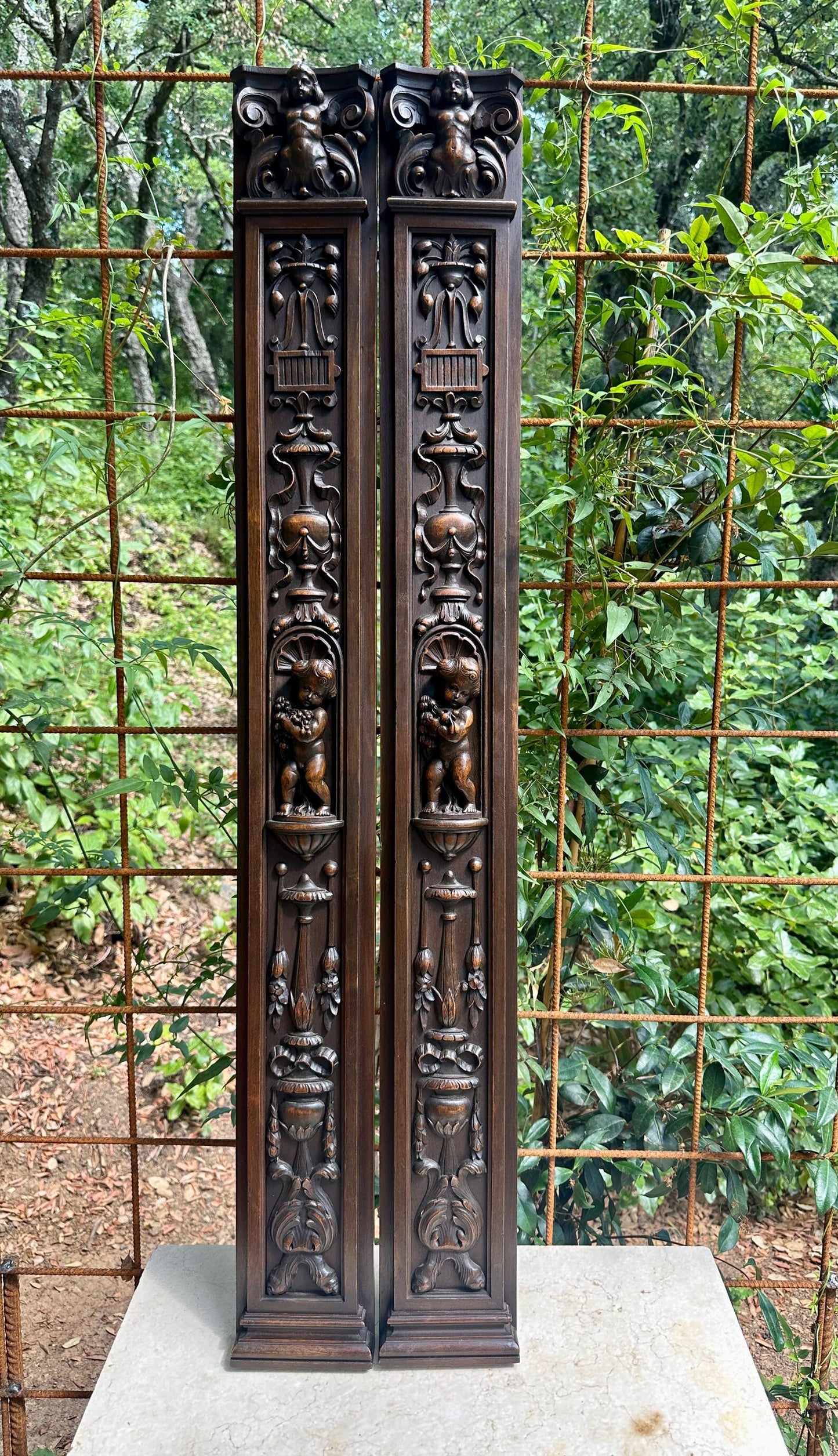 French Pair of Hand-Carved Renaissance Style Wooden Columns, Architectural Salvage, Neo-Renaissance Furniture 1940s
