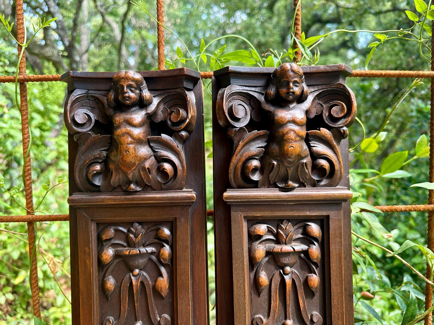 French Pair of Hand-Carved Renaissance Style Wooden Columns, Architectural Salvage, Neo-Renaissance Furniture 1940s